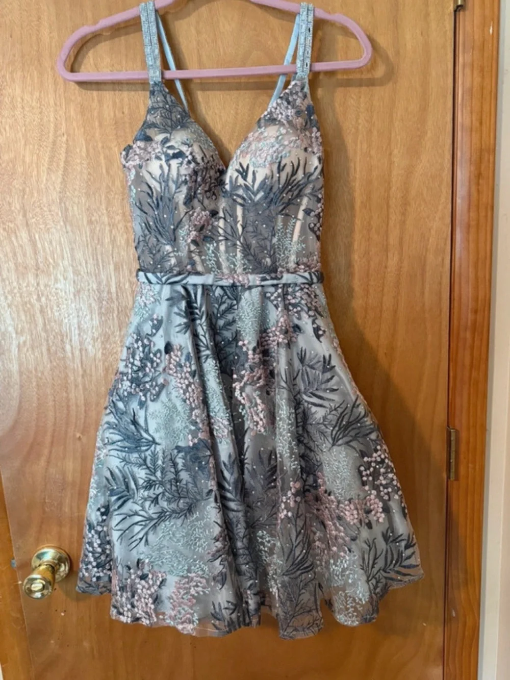 Floral Lace Fit-and-Flare Mini Dress in Dusty Blue and Blush
